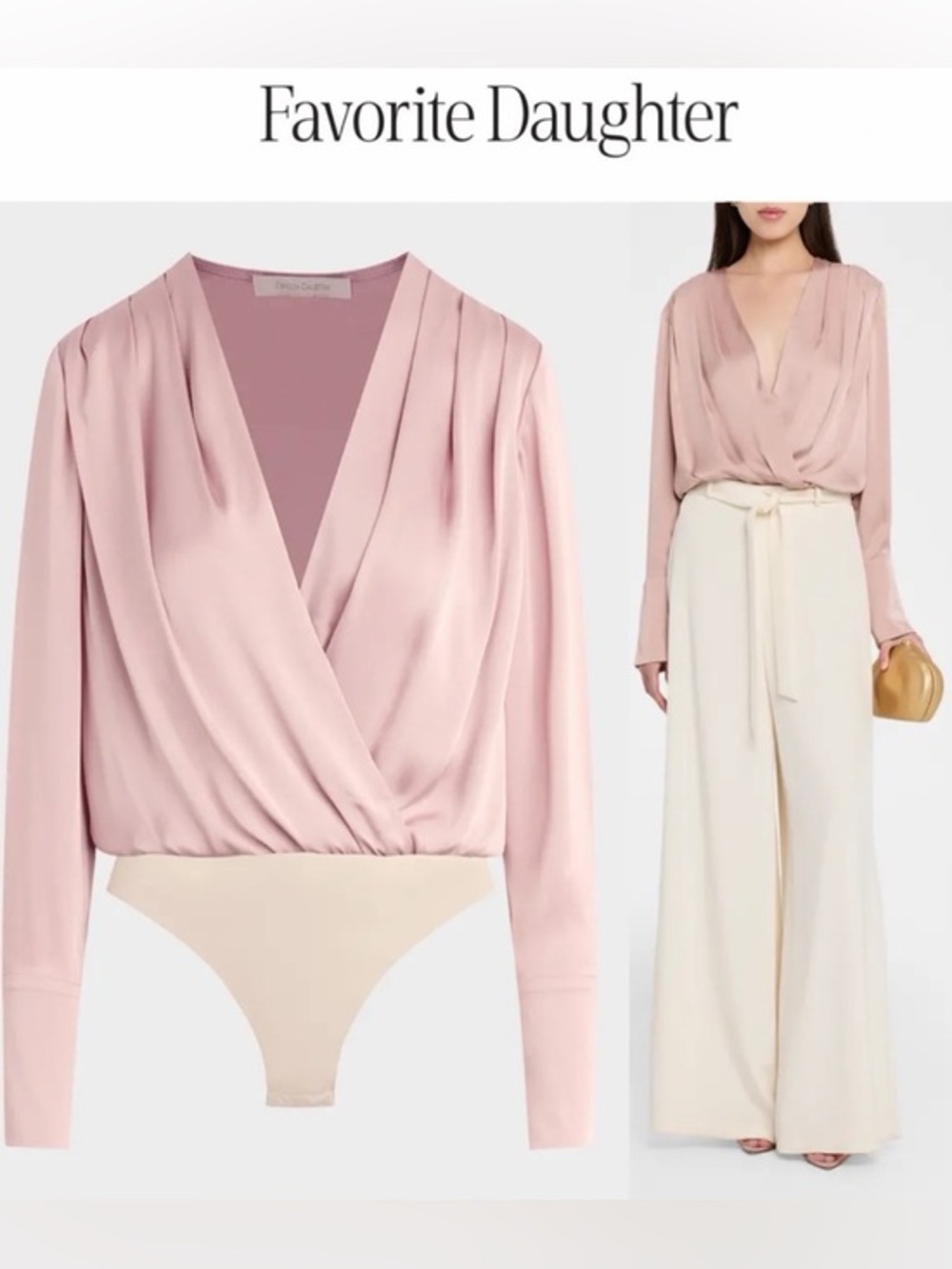 Favorite Daughter Surplice Long Sleeve Satin Bodysuit M 218$ NWT